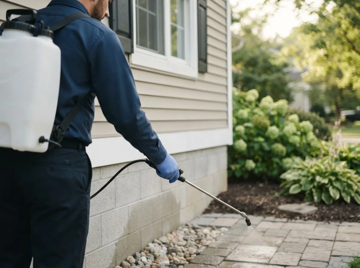 Pest control technician inspecting a home in Roosevelt, NJ